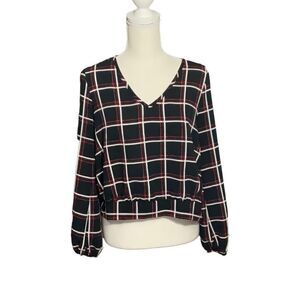 Miley + Molly Black Red Plaid Crop Top Long Sleeve Back Bow Tie Size Small